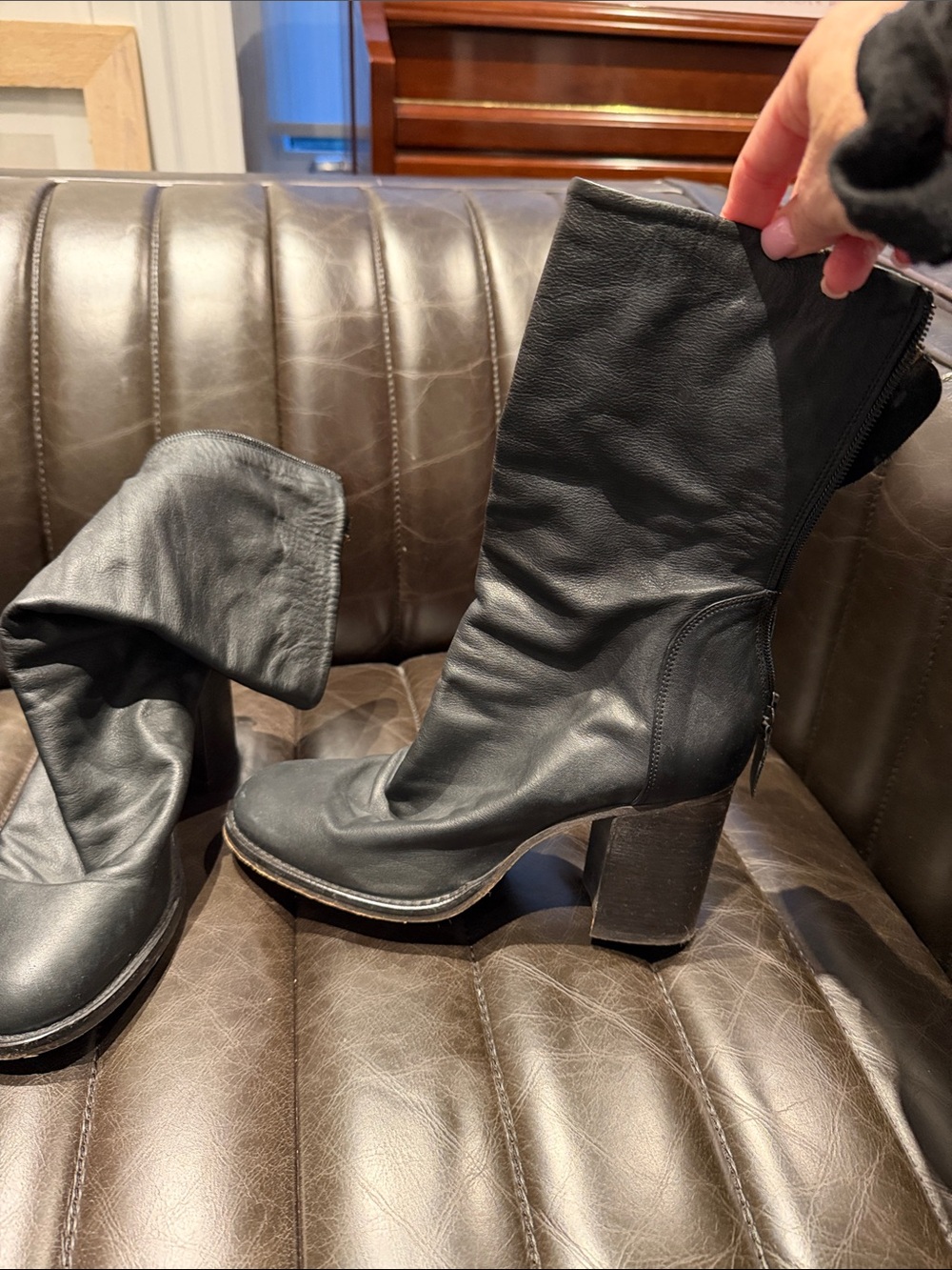 Free People Black Leather Mid-Calf Block Heel Boots